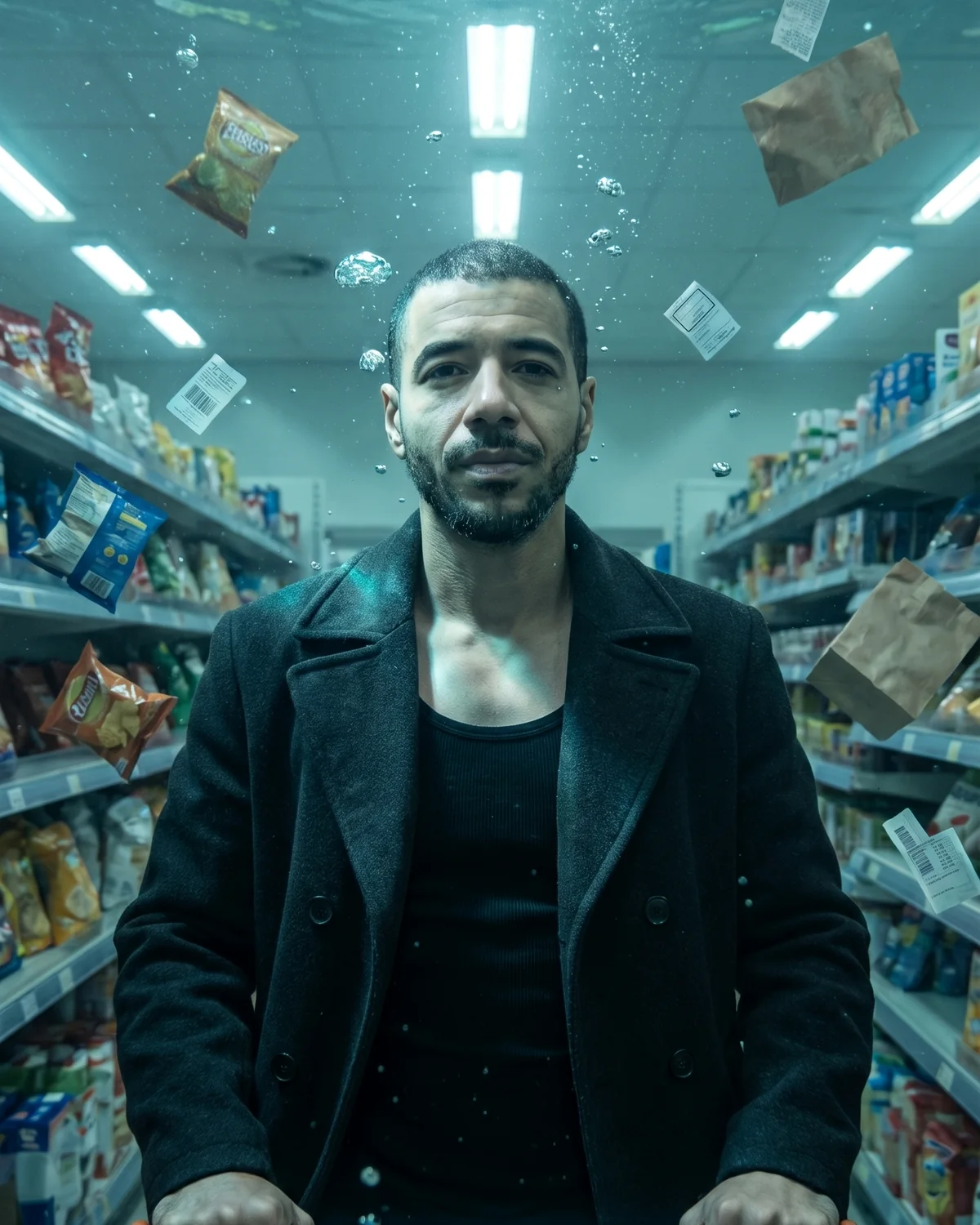 Cinematic artist frame in a surreal blue supermarket aisle